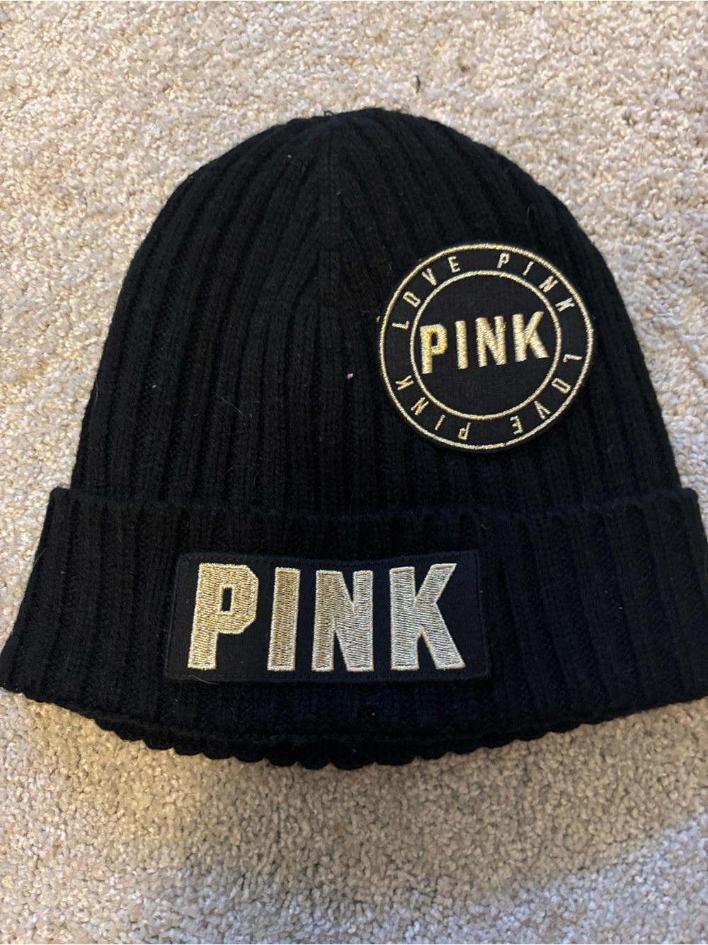 PINK Victoria's Secret Kids Black Knit Beanie with Gold Logo (limited edition)